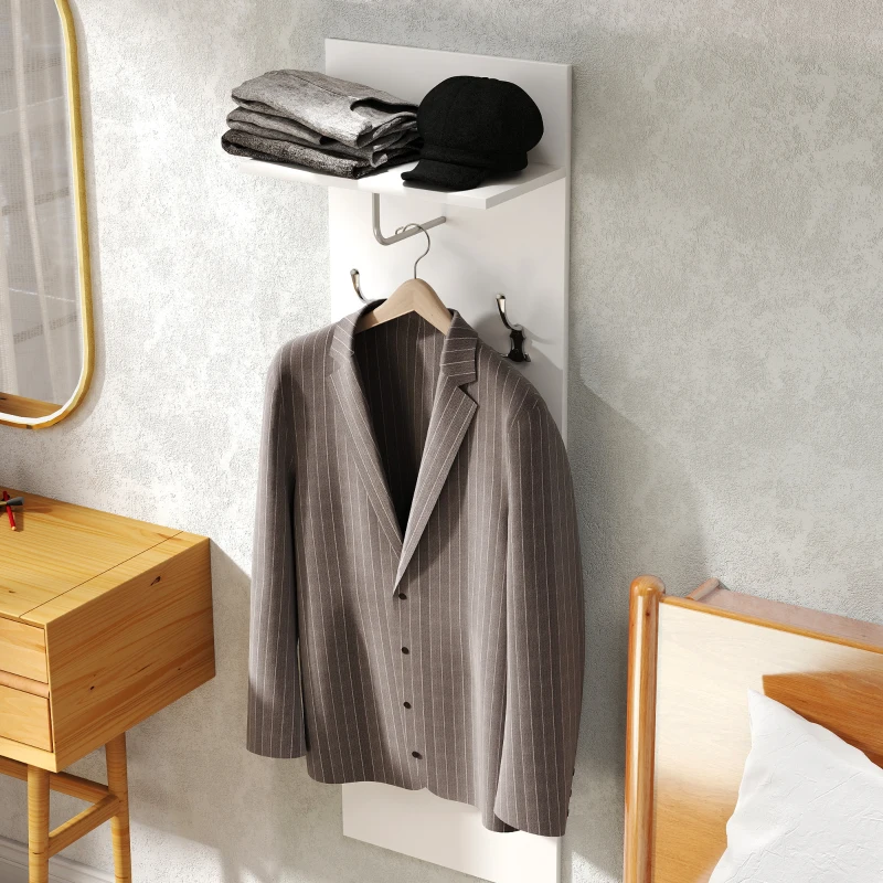 HOMCOM Porte-manteau mural meuble d'entrée avec étagère, 2 crochets et barre en aluminium, pour entrée, couloir, chambre