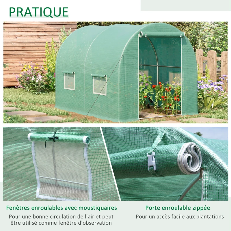 Outsunny Serre de Jardin Tunnel 6 m² 3L x 2l x 1,9H m métal galvanisé renforcé diamètre 2,4 cm + PE Haute densité fenêtres Porte Vert