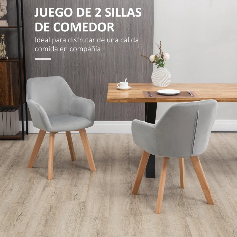 HOMCOM Juego de 2 Sillas de Comedor Modernas Tapizadas en Terciopelo con Patas de Madera para Salón 54x57x80 cm Gris(m-4)