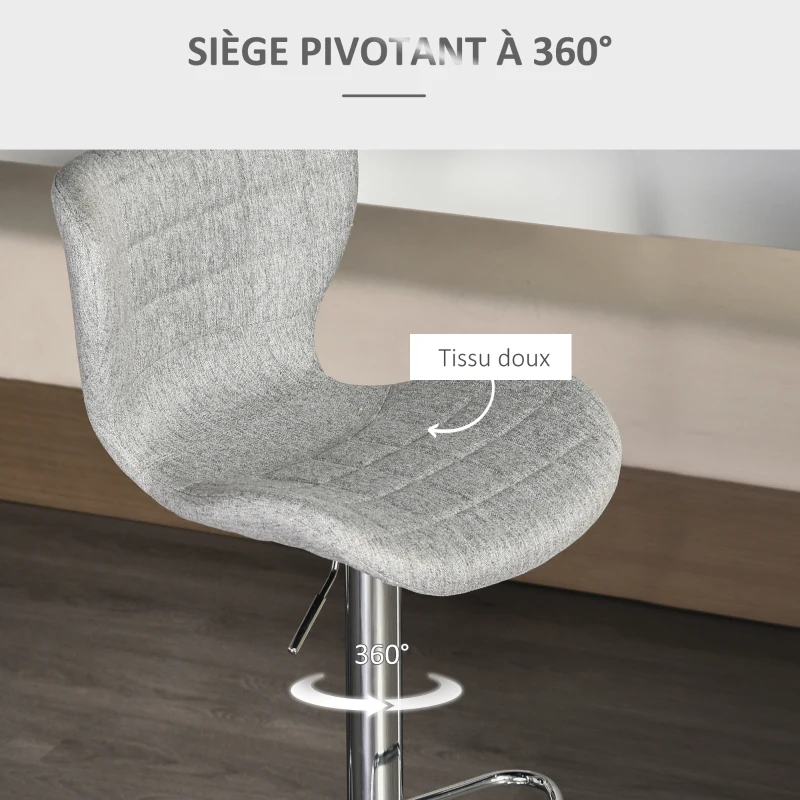 HOMCOM Lot de 2 Tabourets de Bar Design Contemporain Hauteur d'assise réglable 59-81 cm pivotant 360° Lin Gris