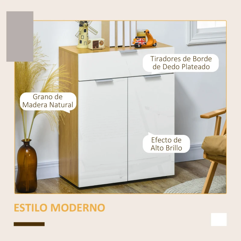 HOMCOM Aparador de Salón Armario Multiusos de Alto Brillo con Cajón 2 Puertas y Estantes Ajustables 70x35x92cm Blanco y Natural