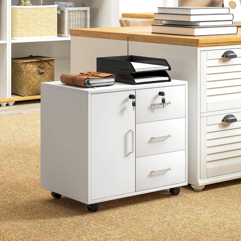 HOMCOM Caisson bureau meuble de rangement verrouillable avec 3 tiroirs et étagère réglable, roulettes, 40 x 60 x 56 cm, blanc