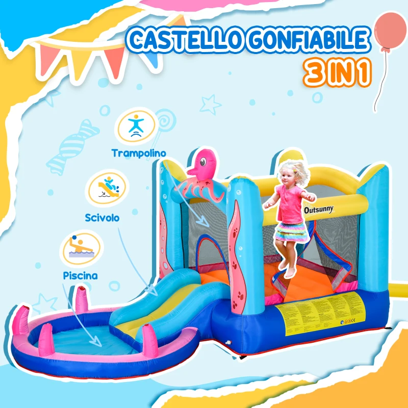 Outsunny Castello Gonfiabile Gigante e Rimbalzante per Bambini 3-8 Anni con Scivolo, Piscina e Gonfiatore 3.6x1.75x1.8m