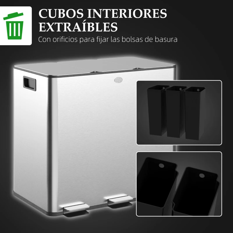 HOMCOM Papelera Cocina de Acero Inoxidable con 3 Compartimentos 3x15L con Pedales Tapas de Cierre Suave y Cubo Extraíble Plata