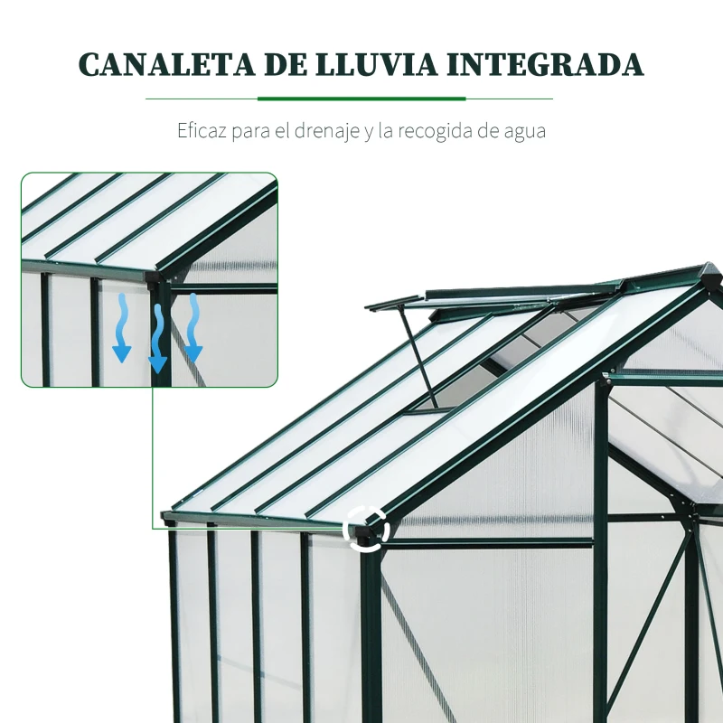 Outsunny Invernadero de Jardín 2x2,5 m Policarbonato y Aluminio Vivero Casero con Tragaluz Protección UV30 y Base 4,79 m² para Macetas Cultivo Plantas Flores Transparente