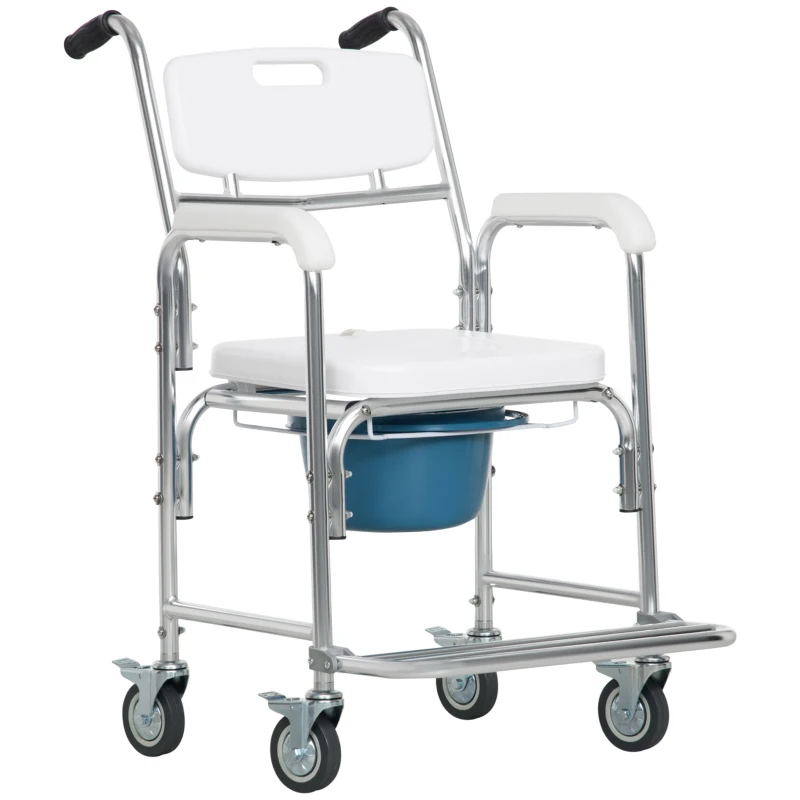 HOMCOM Sedia Comoda con Ruote per Anziani 3 in 1, Sedia per WC in Alluminio con Secchio Rimovibile, Bianco