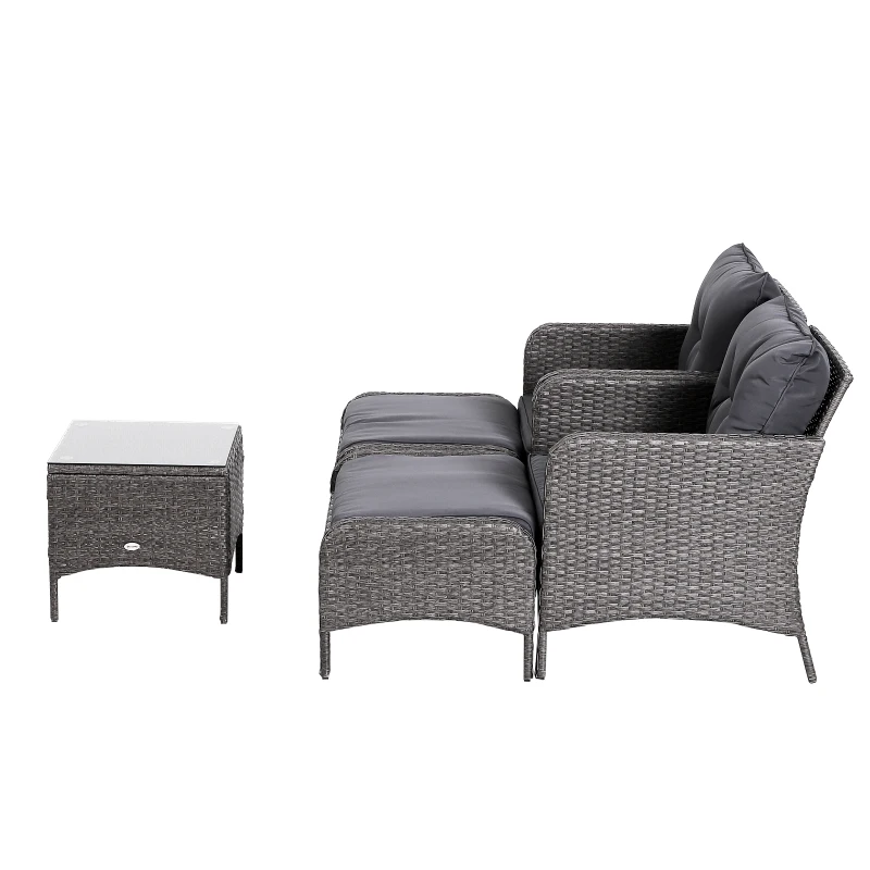 Outsunny Conjunto Muebles Ratán de Jardín Exterior 5 Pcs Sillón Mesa de Café y Taburete Reposapiés Cojín Incluido Marco Acero Color Gris
