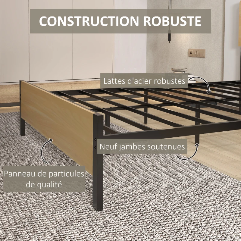 HOMCOM Cadre de lit double en acier avec sommier et tête de lit compatible matelas 140 x 190 cm aspect bois foncé