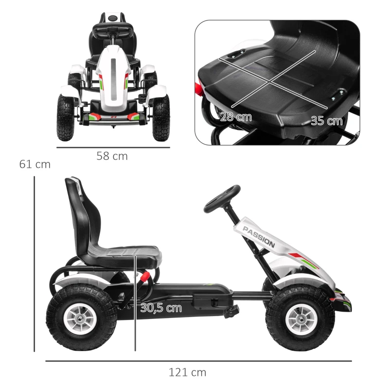 HOMCOM Go Kart a Pedales para Niños con Asiento Ajustable Neumáticos de Goma Freno de Mano Carga 50 kg 121x58x61 cm Blanco