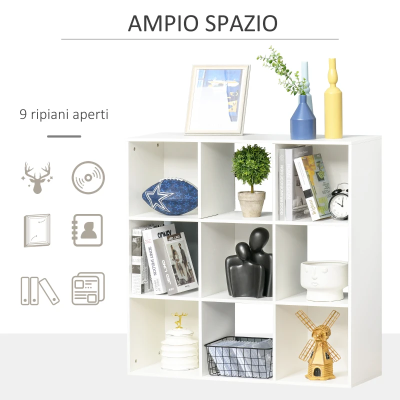 HOMCOM Libreria Bianca per Casa e Ufficio, Scaffale dal Design Moderno con 9 Scomparti in Legno,  91.5 x 29.5 x 91.5 cm