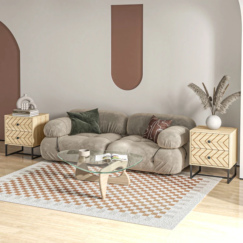 HOMCOM Bedside Table Nightstand Two-Drawer Bedroom Storage Unit Zig Zag Design with Black Metal Handles, Set of 2, Natural