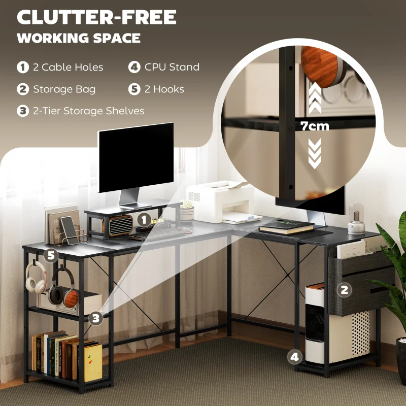 HOMCOM 168cm Reversible L Shaped Desk, Industrial Corner Computer Desk with Adjustable Shelf and Storage Bag, 240cm 2 Person PC Table with Monitor Stand, Black