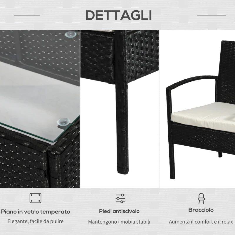 Outsunny Set da Giardino 4 Pezzi in Rattan PE con Tavolino da Giardino, 2 Poltroncine e Divano 2 posti, Nero e Crema