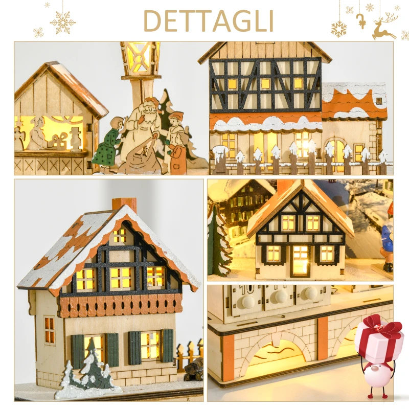 HOMCOM Calendario dell'Avvento in Legno con 24 Cassetti da Riempire, Decorazione con Villaggio di Natale e Luci, 44x10x37cm