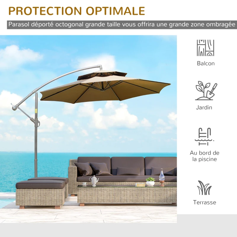 Outsunny Parasol déporté octogonal double toit inclinable manivelle avec pied en croix acier polyester Ø 2,67 x 2,65H m marron