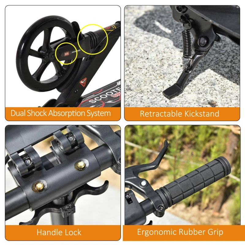 HOMCOM Kick Scooter, Folding 2 Wheel Scooter with Dual Brake System, Dual Suspension, 230mm Big Wheels and 3 Adjustable Handlebar, for 14+ Teens Adults, up to 100KG, Black