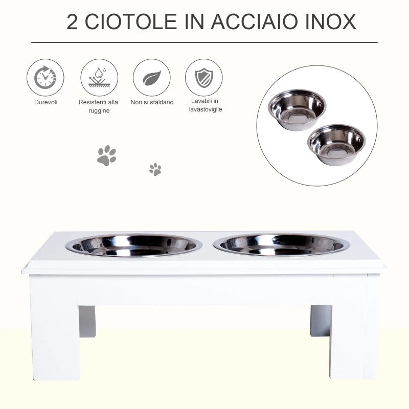 PawHut Ciotole Rialzate per Cani Taglia Piccola ed Extra Piccola, Supporto Portaciotole in MDF con 2 Ciotole in Acciaio Inox per Cibo e Acqua, Bianco