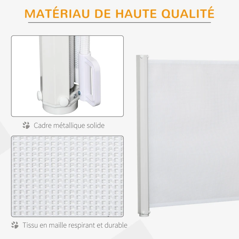 PawHut Barrière de sécurité chien barrière rétractable automatique barrière escaliers couloirs portes 115 x 82,5 m teslin acier blanc