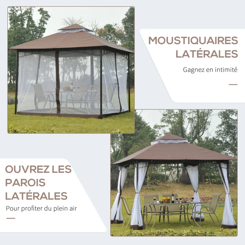 Outsunny Tonnlle de jardin Barnum Pavillion de jardin 3 x 3 Double Toit avec moustiquaires Amovibles  imperméable chocolat et blanc