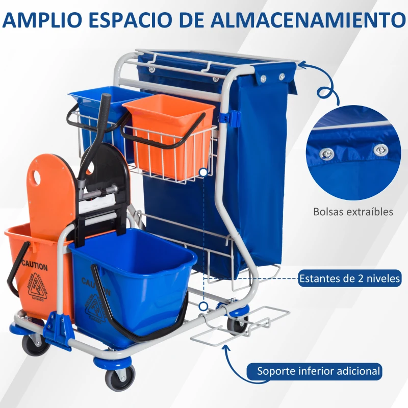 HOMCOM Carro de Limpieza con Bolsa de Basura Carro de Servicio con Doble Cubo de 18 Litros Escurridor de Prensa 2 Cubetas Auxiliares 93x80x97 cm Naranja y Azul