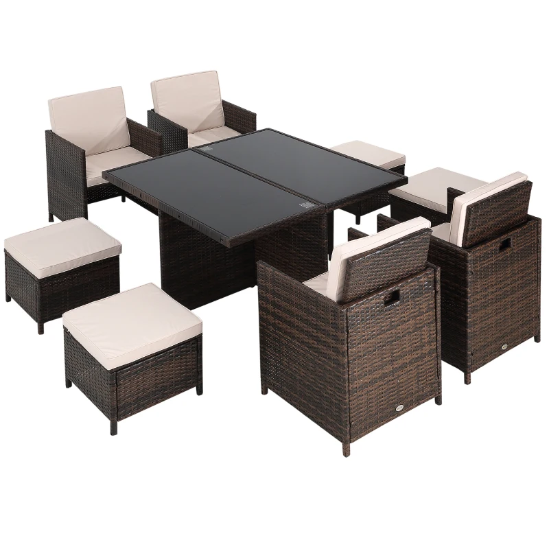 Outsunny 8 Seater Rattan Cube Garden Furniture Set, Rattan Dining Set with Cushions, Outdoor Dining Table and Chairs with 4 Armchairs, 4 Stools, Square Glass Top Table for Patio, Balcony, Brown