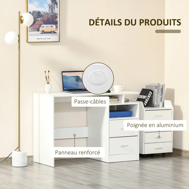 HOMCOM Bureau Informatique 2 tiroirs coulissants 3 étagères dim. 108L x 48l x 76H cm Panneaux Particules MDF Blanc
