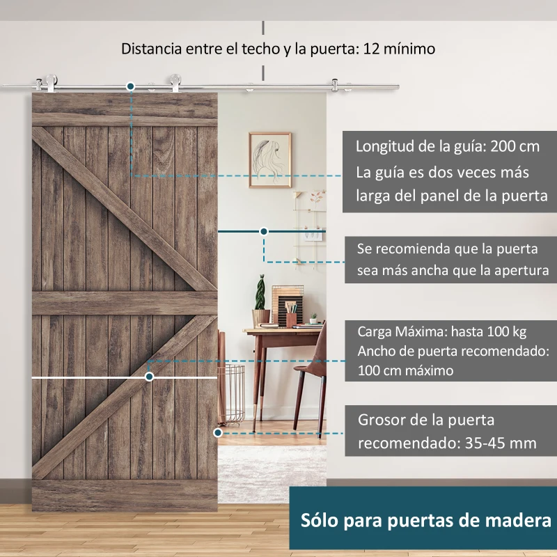 HOMCOM Kit de Herrajes de Acero Inoxidable para Instalación de Puerta Corredera de Madera Ø2,5x200 cm Plata
