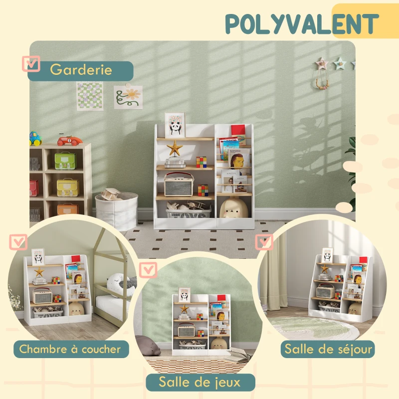 AIYAPLAY Bibliothèque pour enfant, rangement livre enfant 4 niveaux, support à livres, grille de rangement, blanc