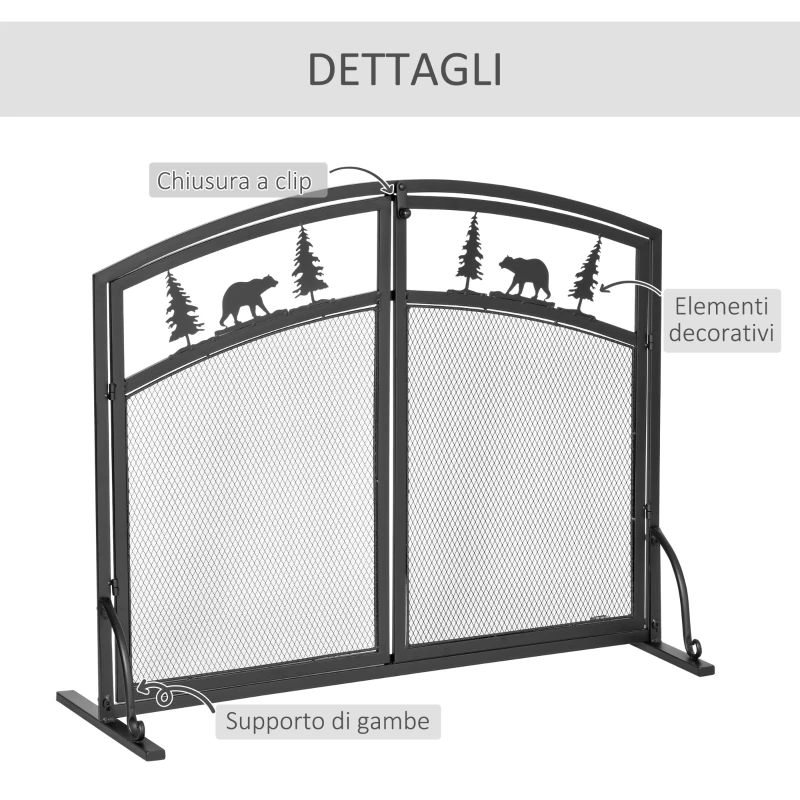 HOMCOM Parascintille per Camino in Metallo con 2 Porte e Decorazioni Natalizie, 99x35x80 cm, Nero