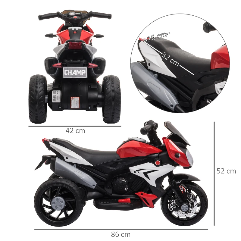 HOMCOM Moto électrique pour Enfants 3 à 6 ans, moto électrique 3 Roues 6 V, 3 Km/h Voiture électrique Enfants avec Effets Lumineux et sonores Rouge(m-3)
