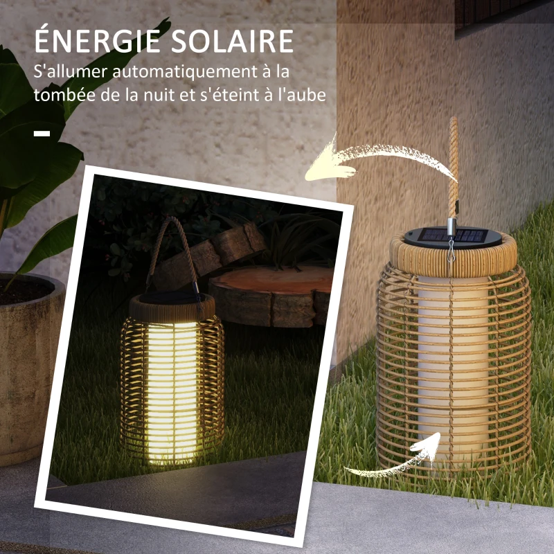 Outsunny Lampadaire d'extérieur solaire en résine tressée luminaire LED de jardin en acier marche/arrêt automatique sable