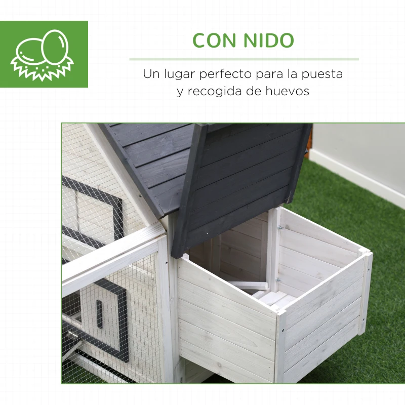 PawHut Gallinero de Madera para Exterior Jaula Grande de 2 Niveles 166x124x112 cm con Corral de Alambre Caja Nido Bandeja Extraíble y Rampa Gris y Blanco