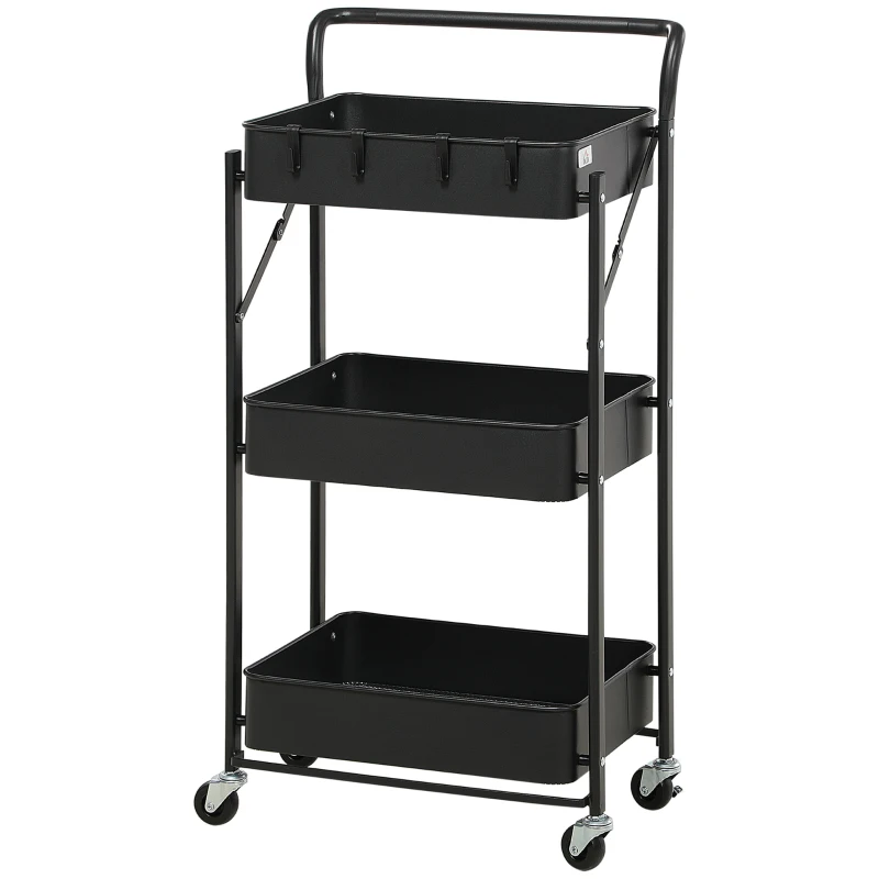 HOMCOM 3 Tier Storage Trolley Cart, Foldable Rolling Utility Cart with 3 Mesh Baskets, 4 Removable Hooks for Living Room, Laundry and Kitchen, Black