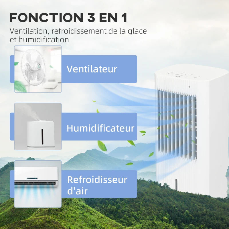 HOMCOM Refroidisseur d'air ventilateur humidificateur 3 en 1 avec télécommande, minuterie, oscillation, 3 modes 3 vitesses