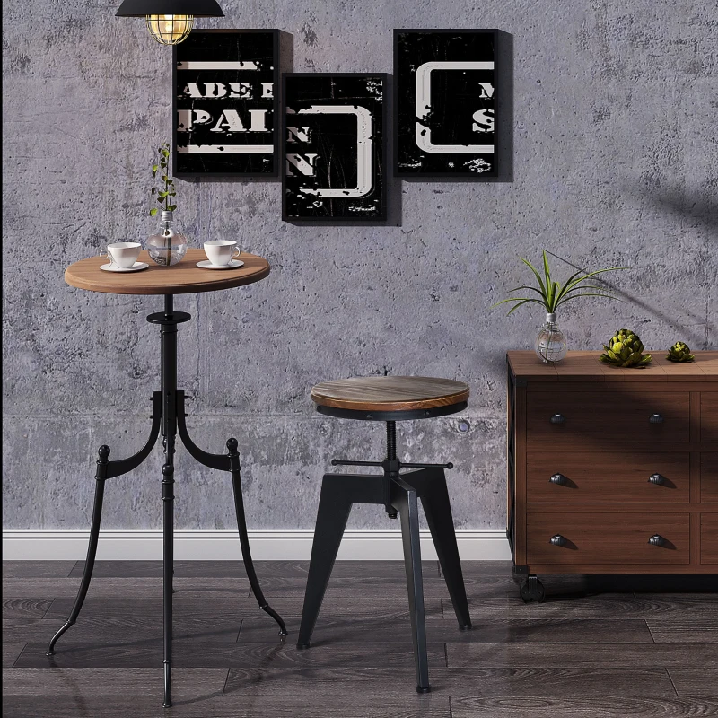 HOMCOM Sgabello da Bar Alto in Stile Industriale Regolabile in Altezza, Metallo e Legno, 39x41x49-64cm Marrone e Nero
