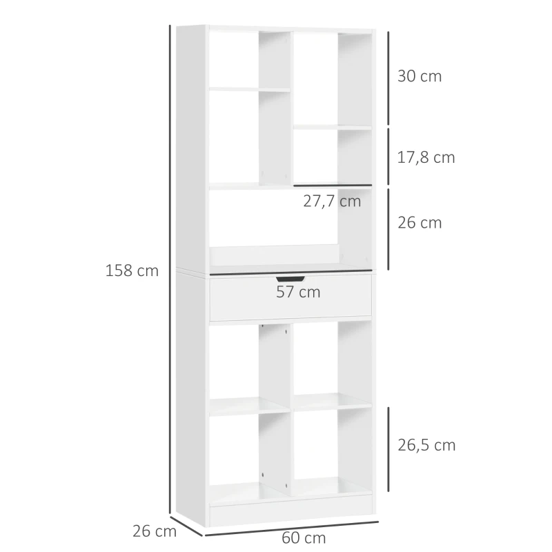 HOMCOM Estantería de Madera con 1 Cajón y 9 Compartimentos Mueble Librería para Salón Oficina Estudio 60x26x158cm Blanco