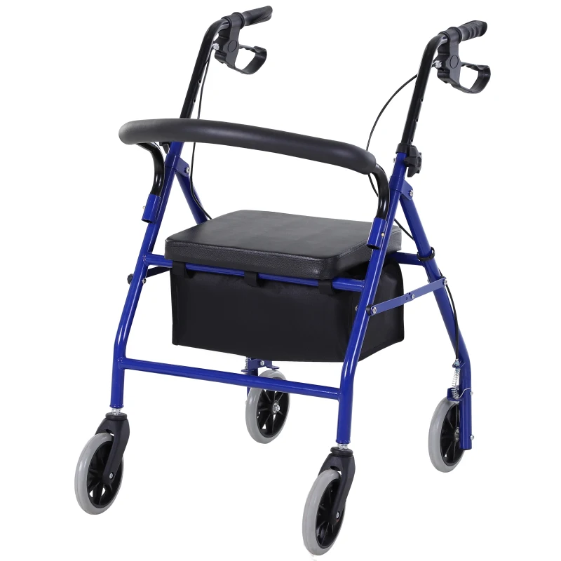 HOMCOM Déambulateur 4 roues - déambulateur pliable léger - assise + dossier rembourré - poignées ergonomiques, freins à main - panier rangement - métal bleu