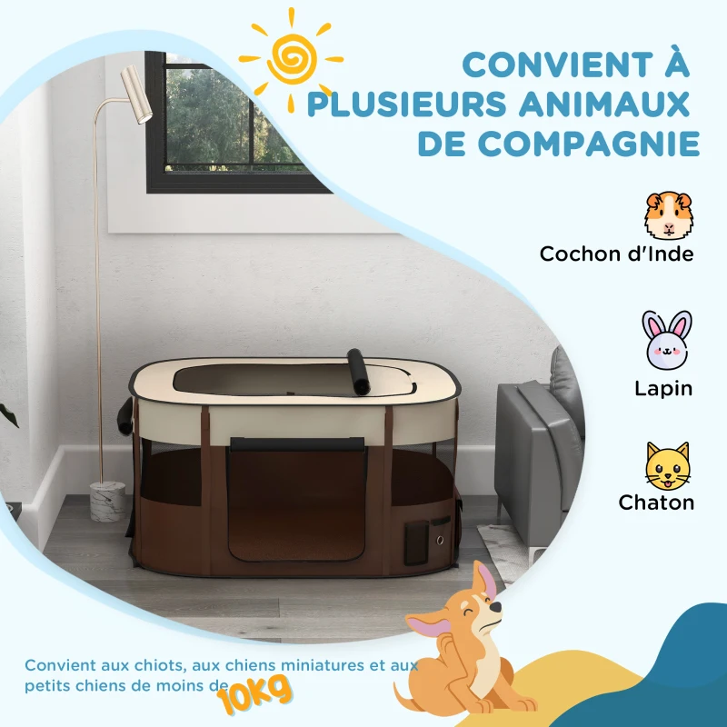 PawHut Parc pliable pour animaux de compagnie parc pour chiots en tissu Oxford avec fenêtres et portes sac de rangement marron