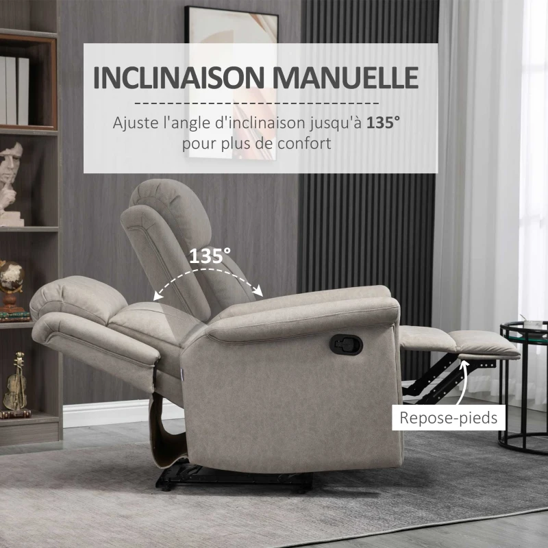 HOMCOM Fauteuil de relaxation inclinable 135° manuellement tissu en microfibre avec repose-pied gris(m-4)