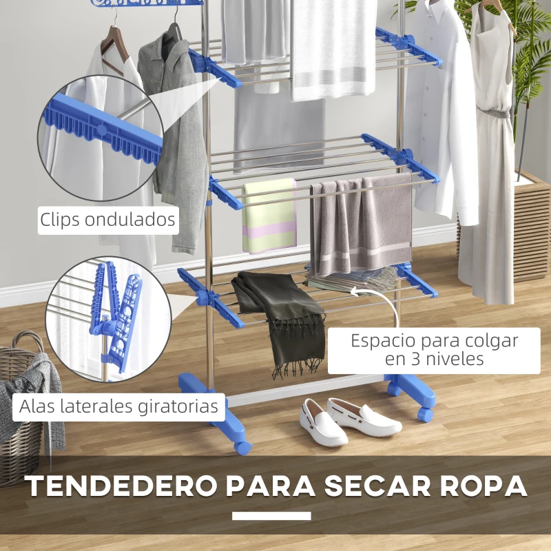 HOMCOM Tendedero Vertical de 3 Niveles con 6 Ruedas 2 Laterales Abatibles Estantes Ajustables y Marco de Acero Inoxidable Azul