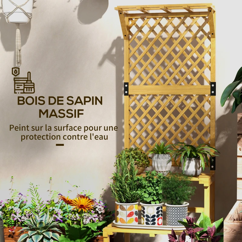 Outsunny Support plantes intérieur porte plante intérieure à deux niveaux avec treillis 60 x 50 x 166 cm en bois massif jaune