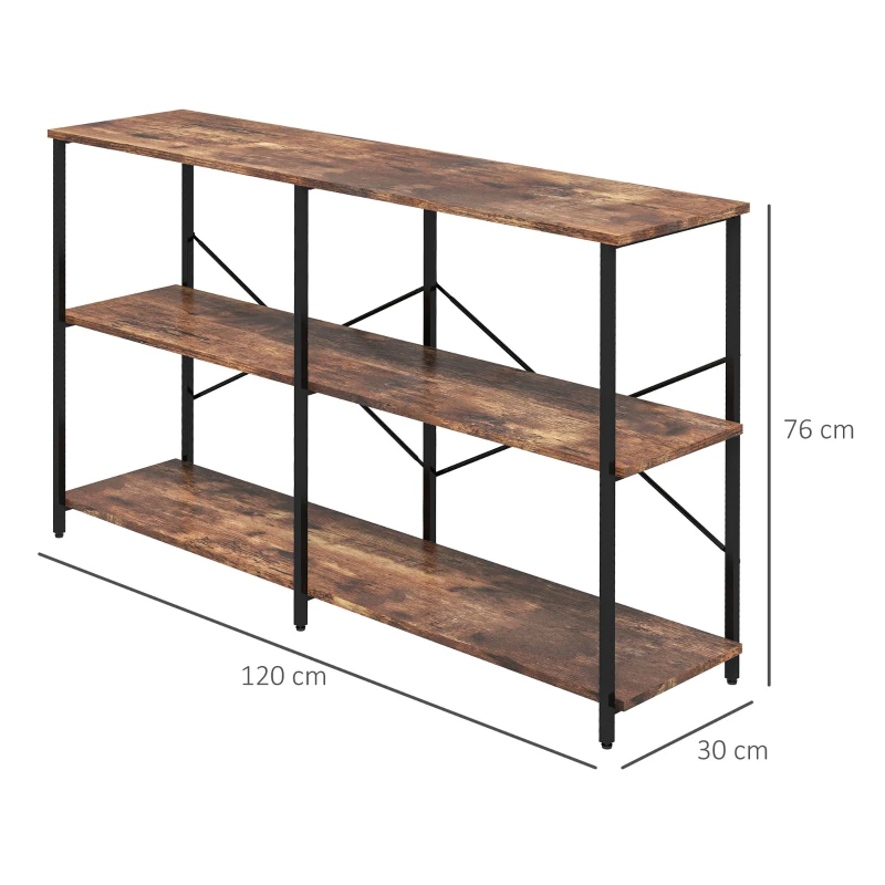 HOMCOM Scaffale Libreria dal Design Industriale con 3 Ripiani, Scaffalatura in Pannelli Truciolari e Telaio in Metallo, 120 x 30 x 76 cm