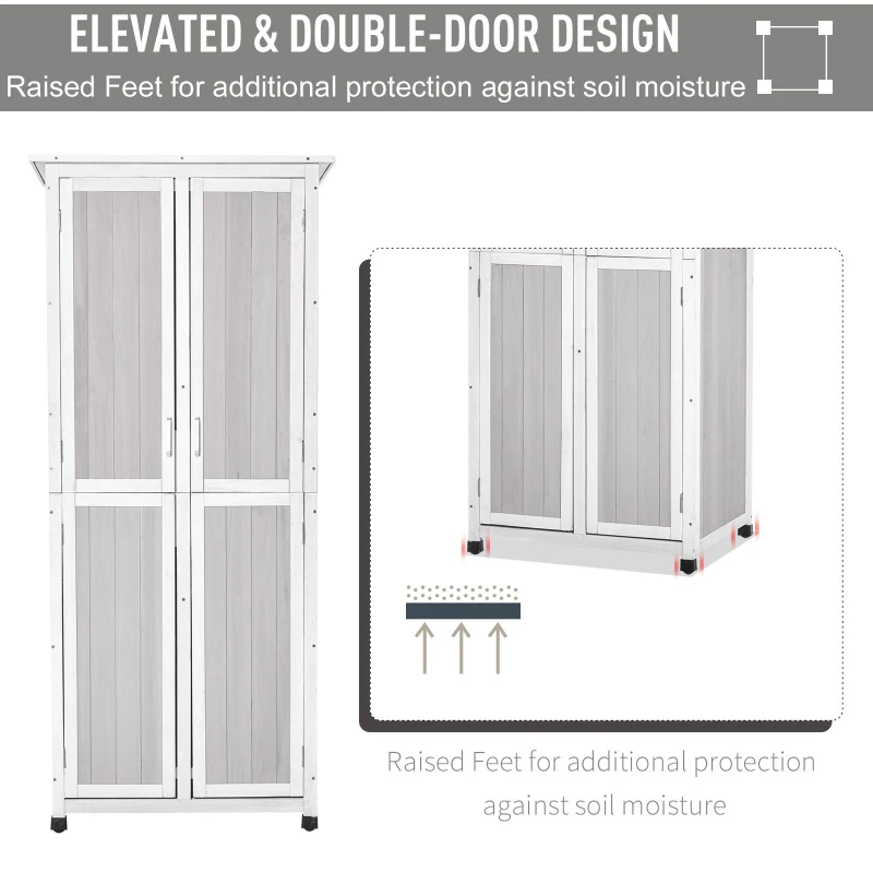 Outsunny Outdoor Garden Shed Wooden Garden Cabinet 3-Tier Double-door Storage Shed 2 Shelves Organizer with Handle Hooks Magnetic Latch Foot Pad 77 x 58 x 175cm Grey