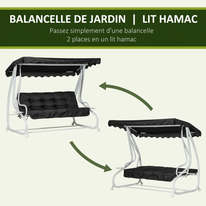 Outsunny Balancelle de jardin 2 places convertible grand confort toit inclinaison réglable coussin plateaux porte-gobelets métal polyester noir