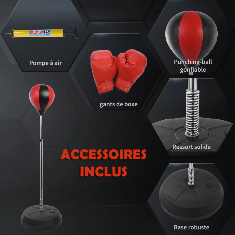 HOMCOM Sac de Frappe sur Pied Punching ball sur pied réglable en hauteur 126-144 cm avec gants, pompe et base de lestage pour enfants et débutants noir et rouge