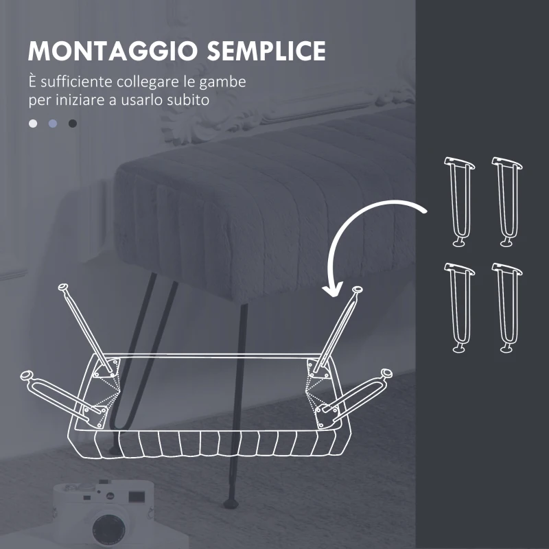 HOMCOM Panca Fondo Letto Imbottita in Peluche, Legno e Metallo, 82x30x47 cm, Grigia e Nera