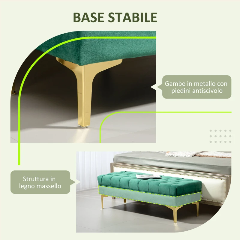 HOMCOM Panca Fondo Letto Imbottita con Rivestimento Trapuntato in Tessuto Effetto Velluto, 118x45x42 cm, Verde Scuro