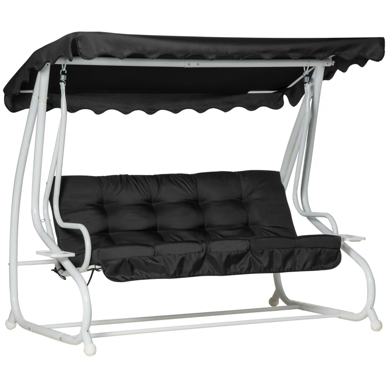 Outsunny Balancelle de jardin 2 places convertible grand confort toit inclinaison réglable coussin plateaux porte-gobelets métal polyester noir