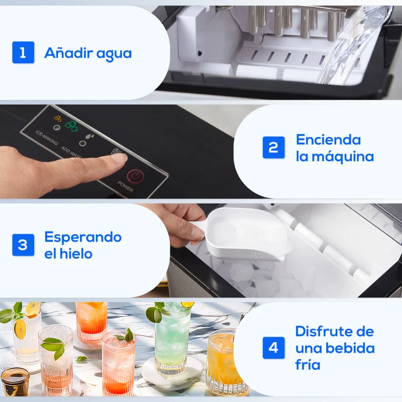 HOMCOM Máquina de Hacer Hielo 9 Cubitos de Hielo en 6-12 Minutos 15 kg en 24h  2 Tamaños de Cubitos 25,2x37,5x31,2 cm Negro