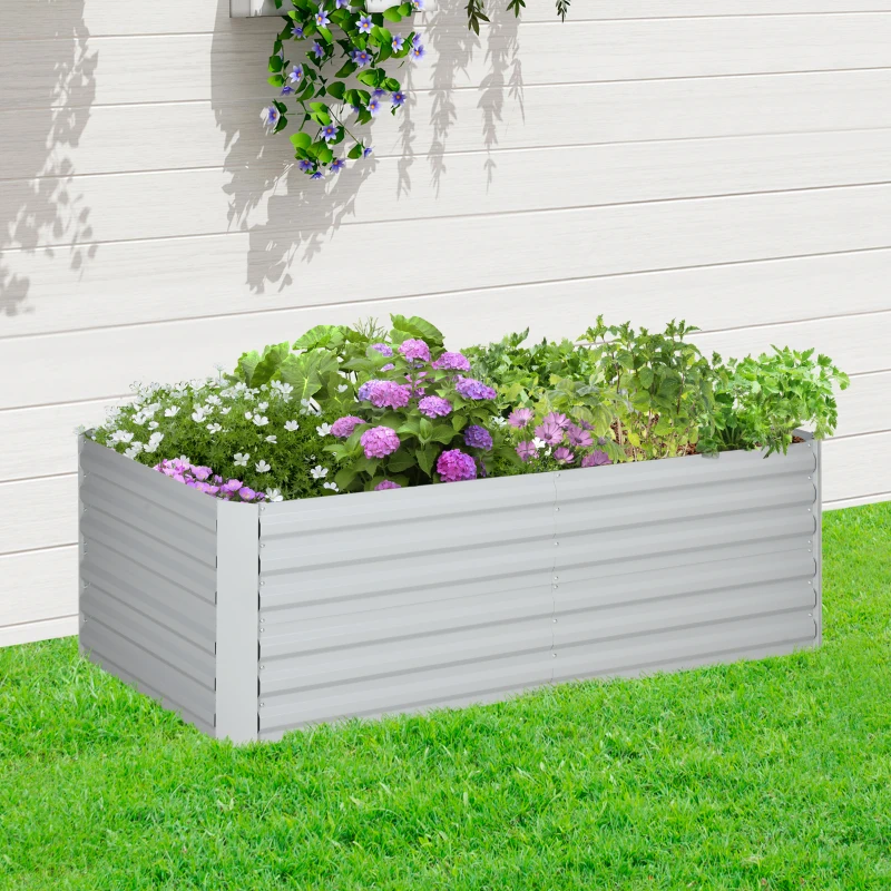 Outsunny Raised Beds for Garden, Galvanised Steel Outdoor Planters with Multi-reinforced Rods, 180 x 90 x 59 cm, Light Grey